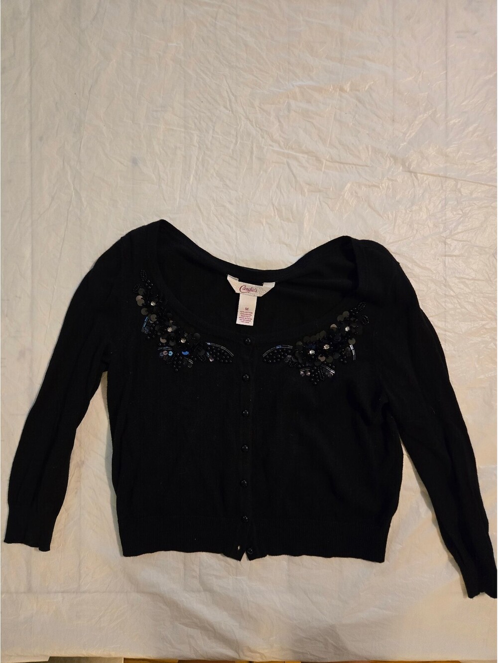 Y2K Vintage Candie's Black Beaded Sequin Cardigan Sweater M Embellished Button
